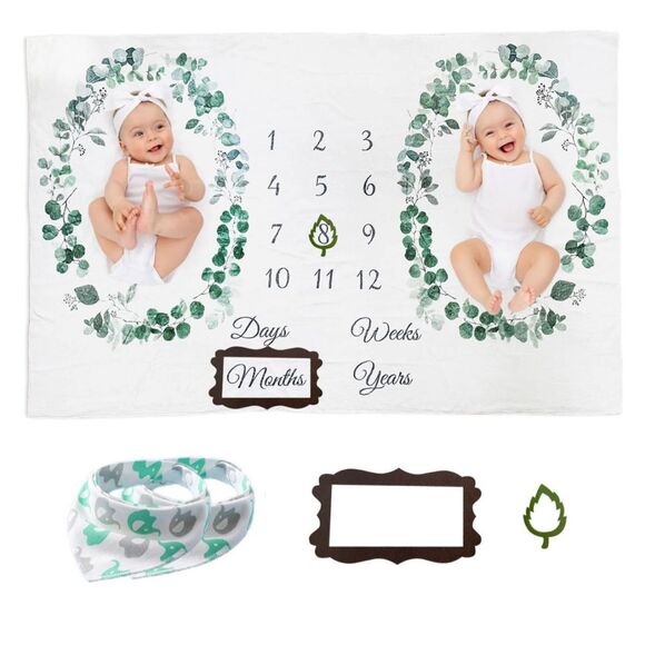 Twins Baby Milestone Blanket Neutral Boho Leaf Wreath Photography Backdrop, NEW - Picture 1 of 4